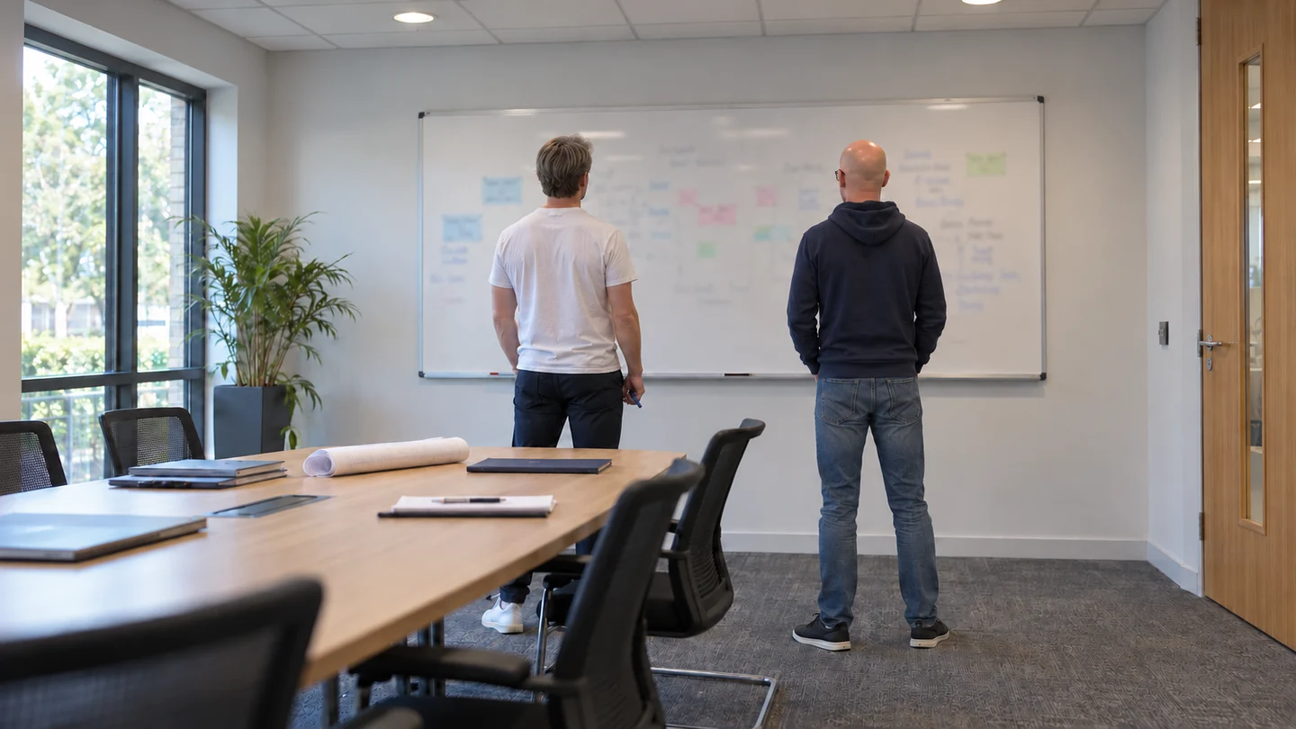 Illustrative workshop with Kyle and a colleague reviewing information at a whiteboard.