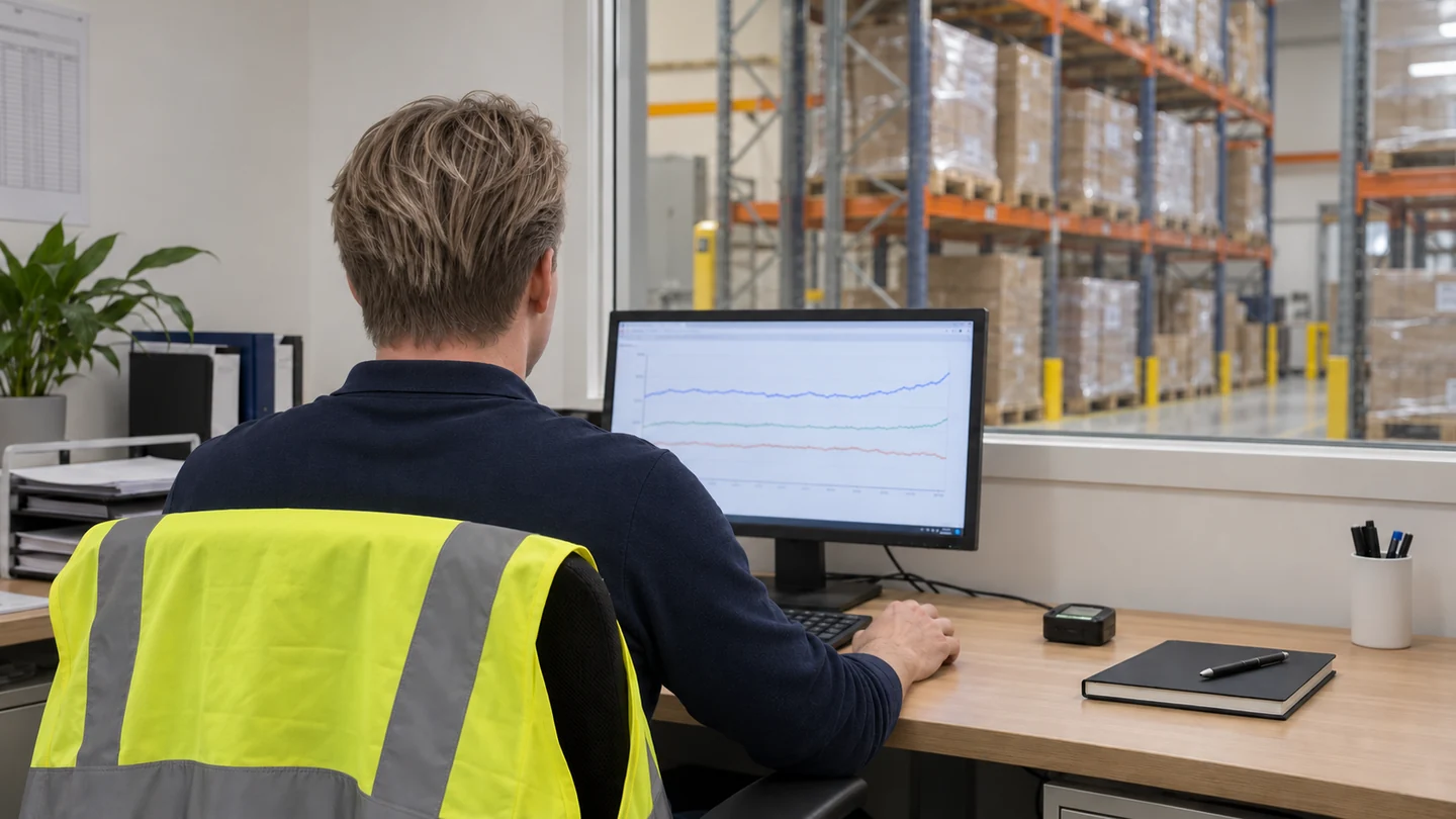 Illustrative scene of Kyle reviewing temperature information at a pharmaceutical warehouse workstation.